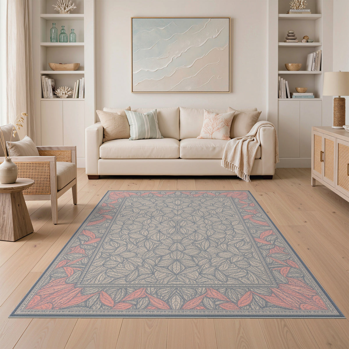 Grey Floral Leaf Medallion Area Rug