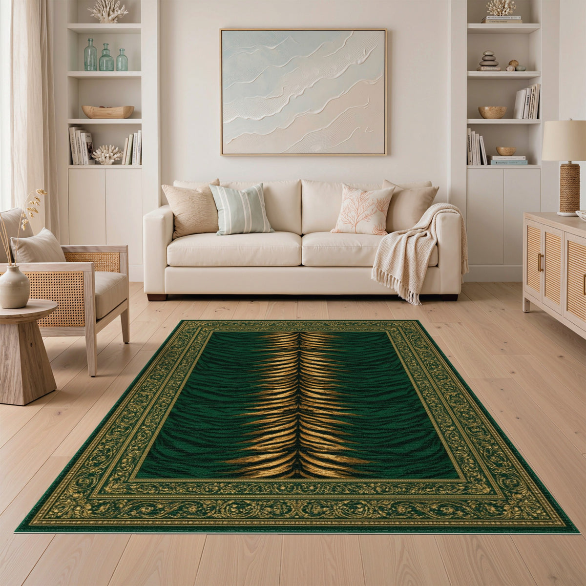 Traditional Persian Green Tiger Stripe Area Rug with Gold Border