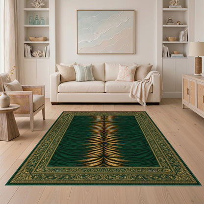 Traditional Persian Green Tiger Stripe Area Rug with Gold Border