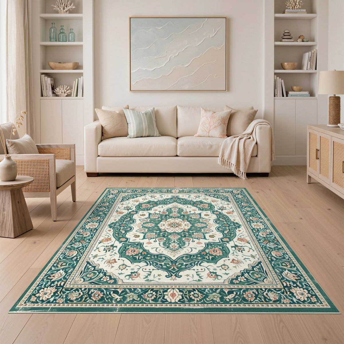 Teal Floral Persian Medallion Area Rug
