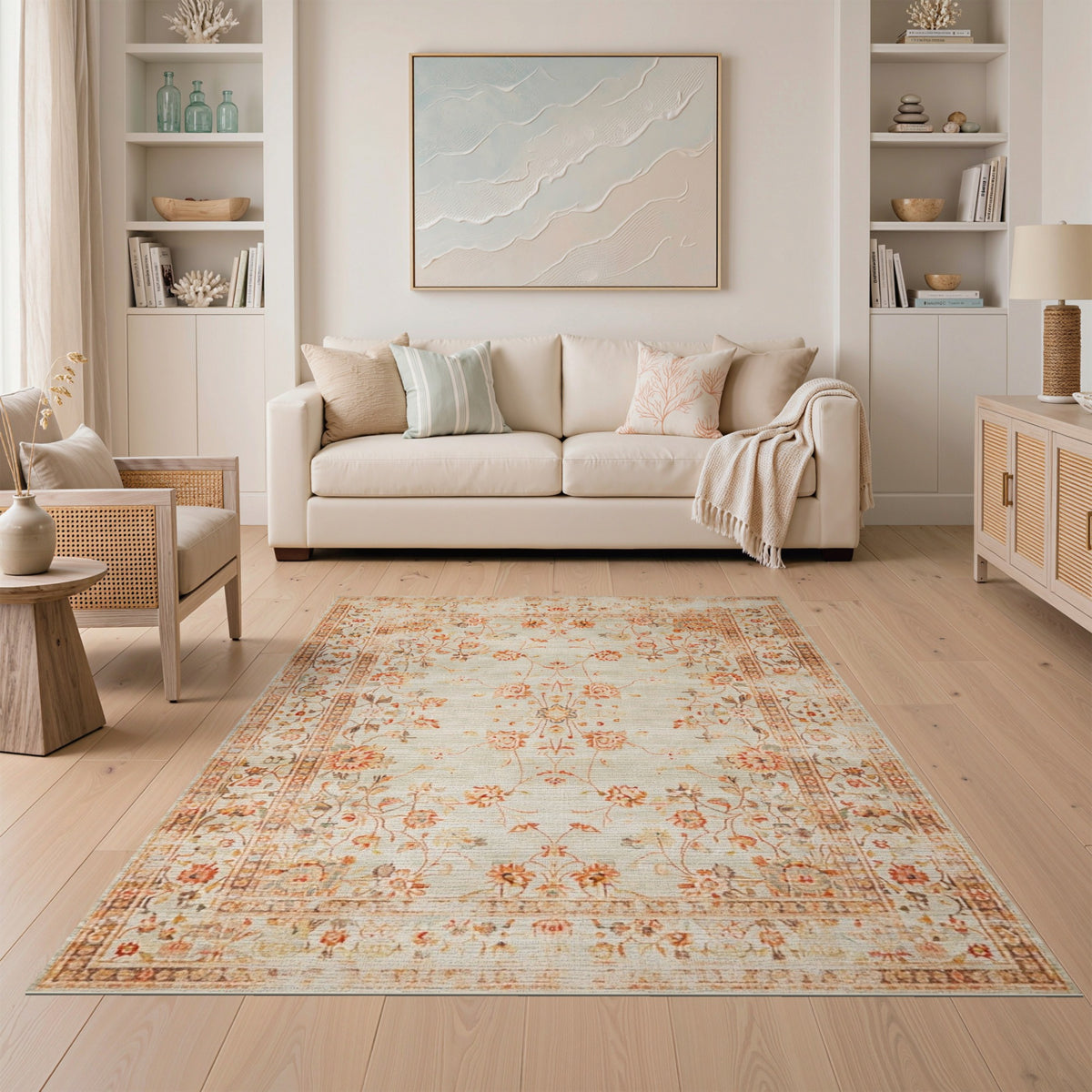 Distressed Floral Vintage Beige Area Rug