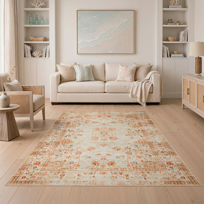 Distressed Floral Vintage Beige Area Rug