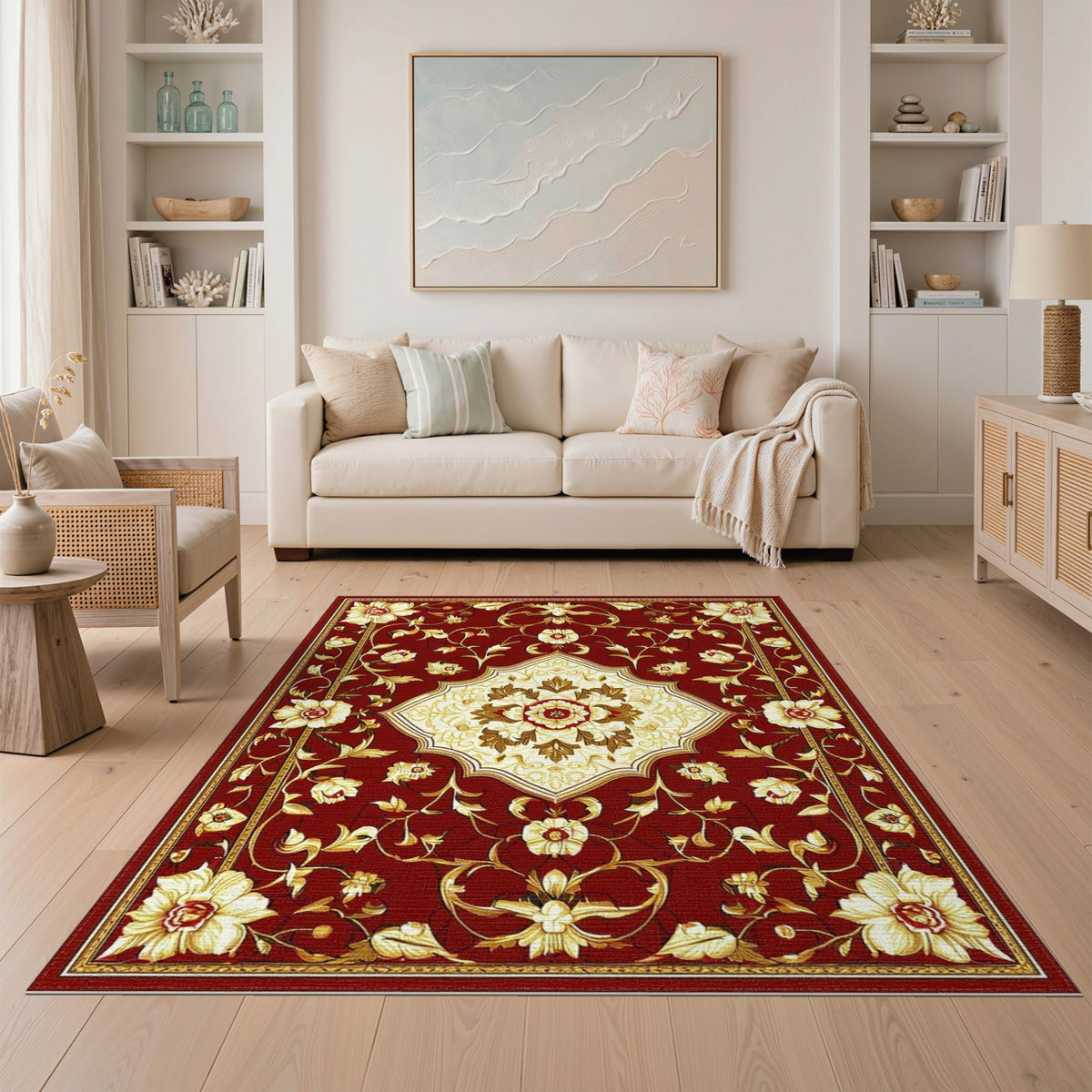 Red Floral Persian Area Rug with Ivory Medallion