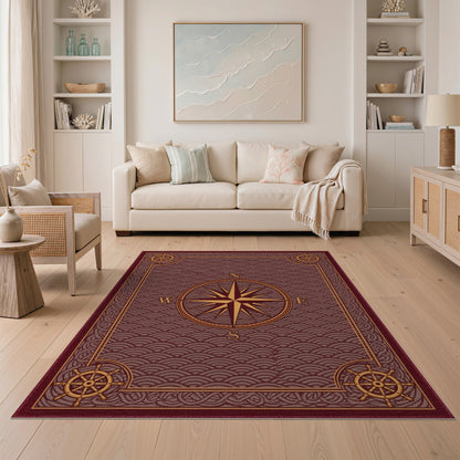 Coastal Beach Red Nautical Compass Area Rug