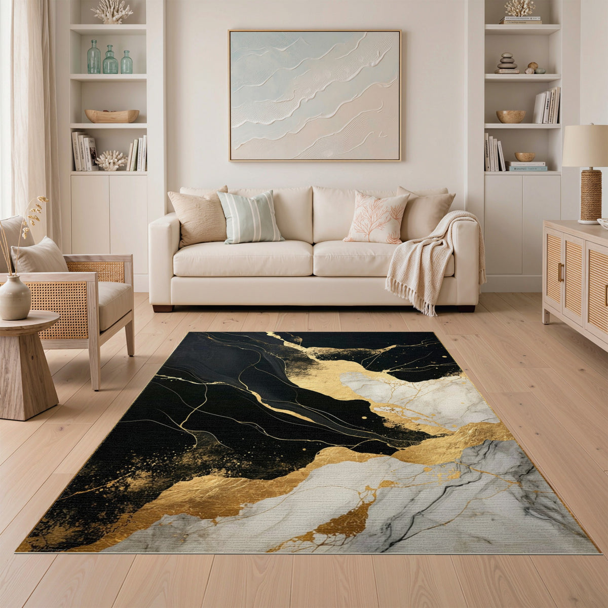 Black and White Black Gold Abstract Marble Area Rug