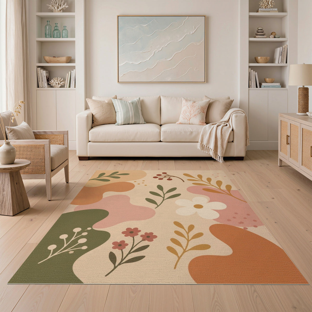Boho Floral Beige Neutral Area Rug