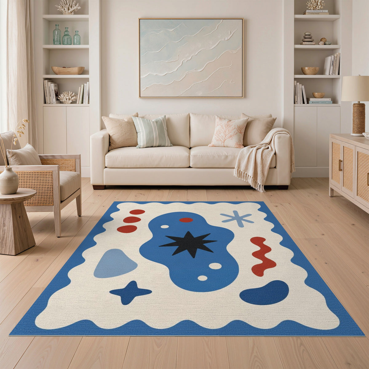 Abstract Blue Star Area Rug with Wavy Border