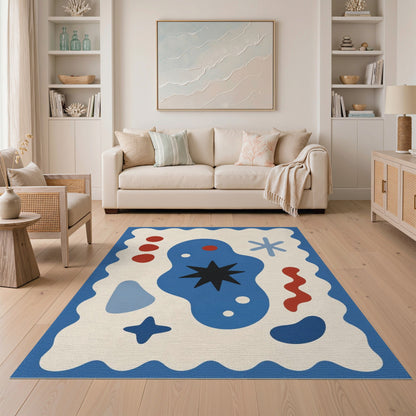 Abstract Blue Star Area Rug with Wavy Border