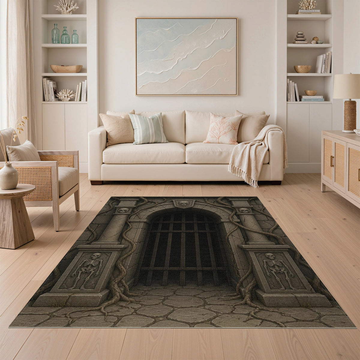 Gothic Dungeon Skull Arch Grey Area Rug