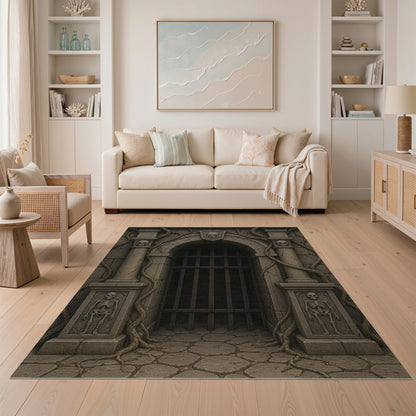 Gothic Dungeon Skull Arch Grey Area Rug