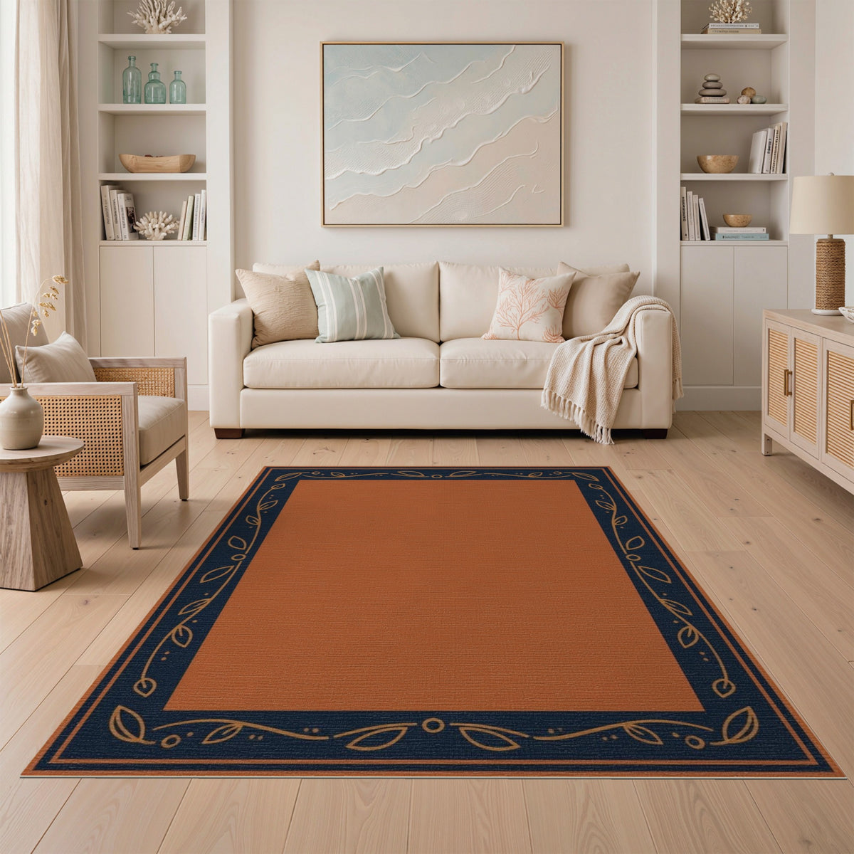 Orange Floral Leaf Border Area Rug
