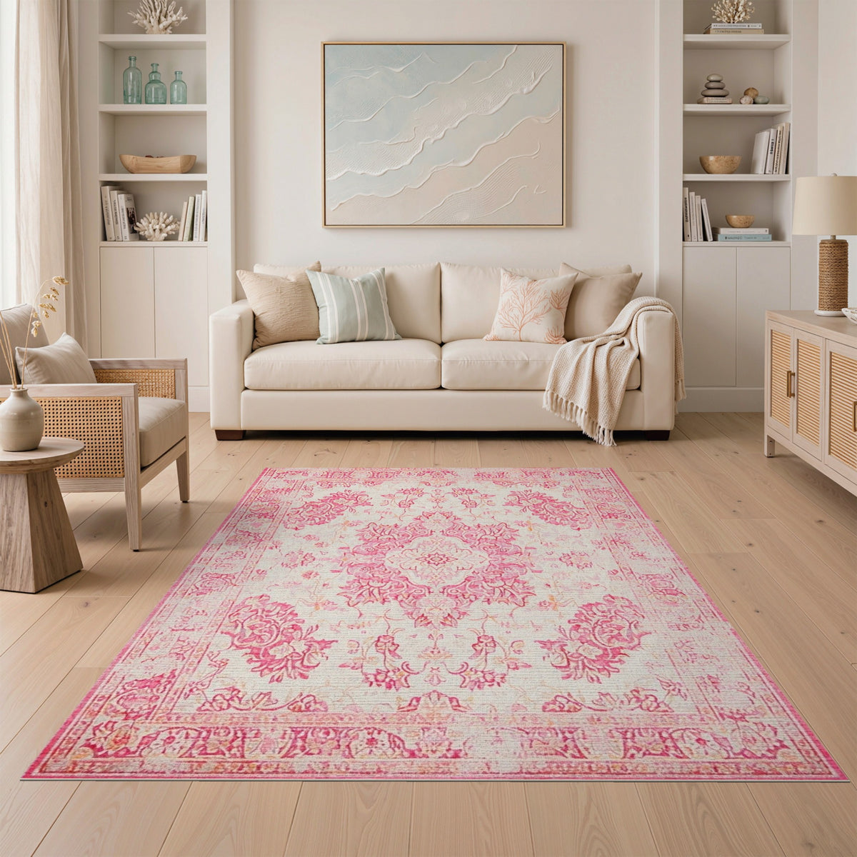 Distressed Vintage Pink Distressed Floral Area Rug