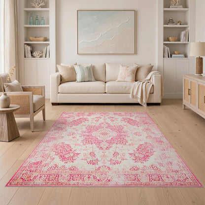 Distressed Vintage Pink Distressed Floral Area Rug