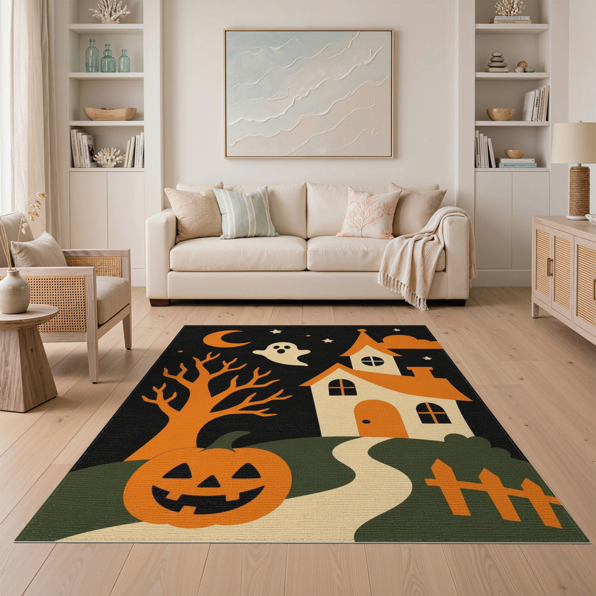 Halloween Haunted House Orange Kids Rug