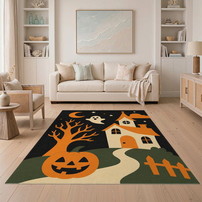 Halloween Haunted House Orange Kids Rug