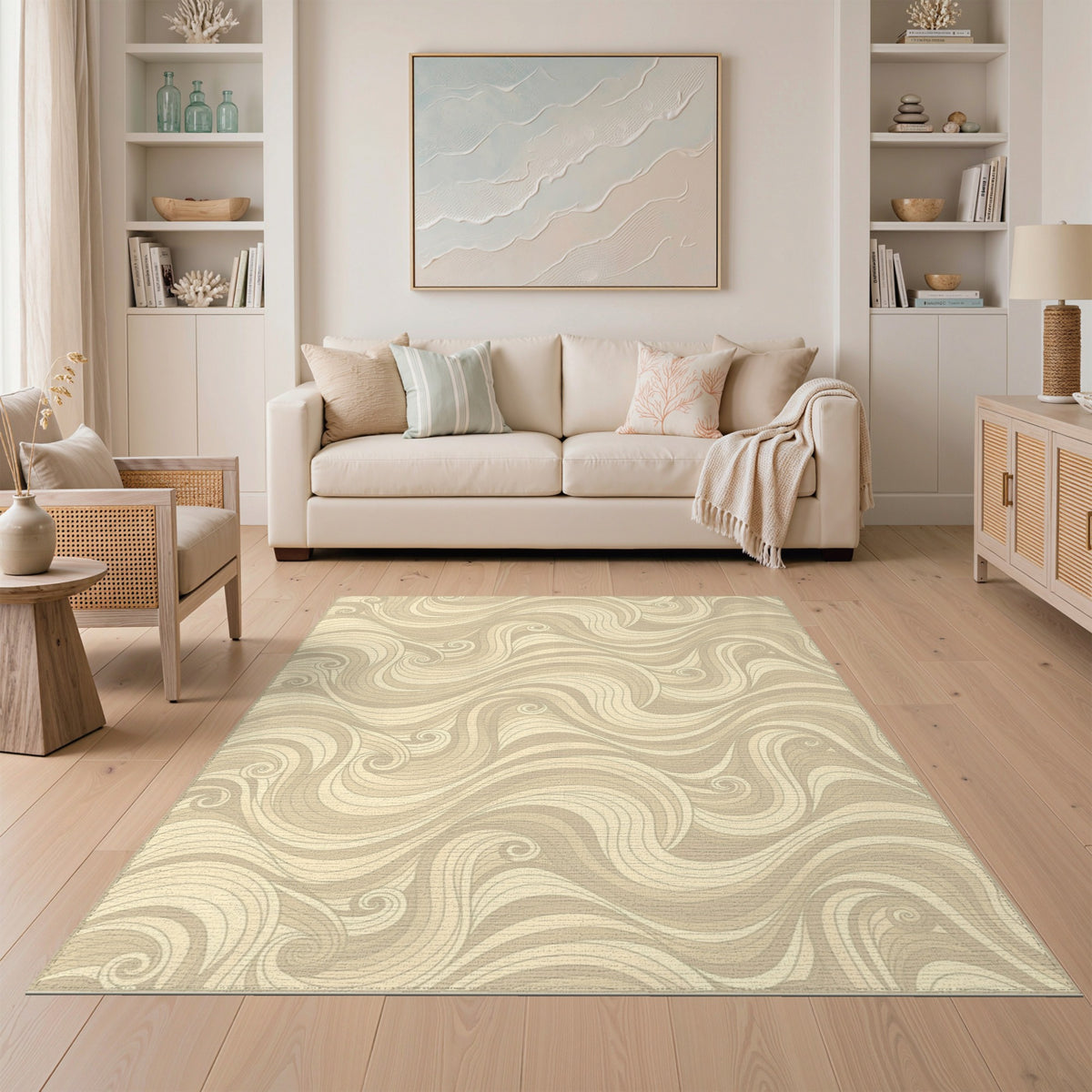 Beige Swirl Wave Abstract Area Rug