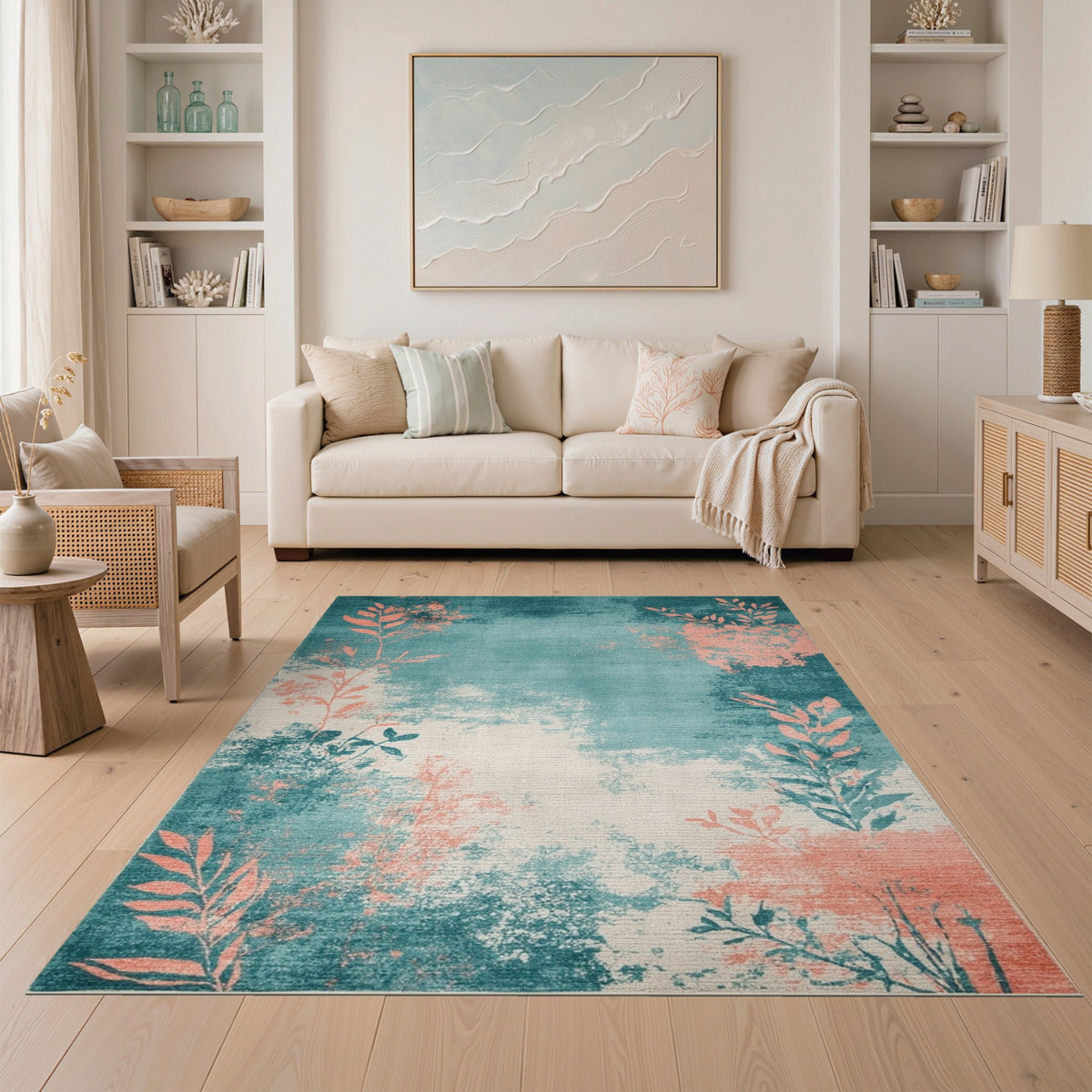 Distressed Teal Coral Leaf Area Rug