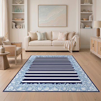 Navy Striped Coastal Area Rug with Seashell Starfish Border