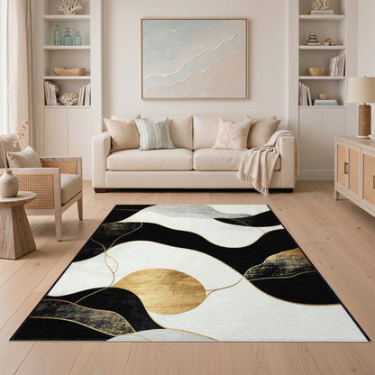 Black White Abstract Gold Wave Area Rug