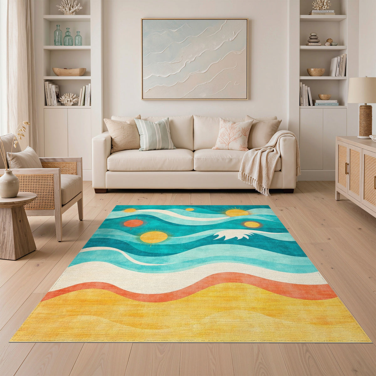 Coastal Waves and Suns Washable Area Rug
