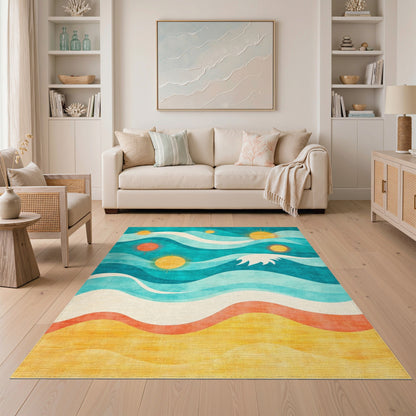 Coastal Waves and Suns Washable Area Rug
