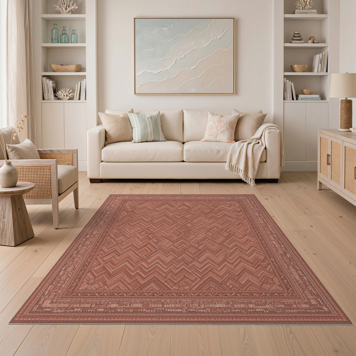 Red Chevron Area Rug with Border