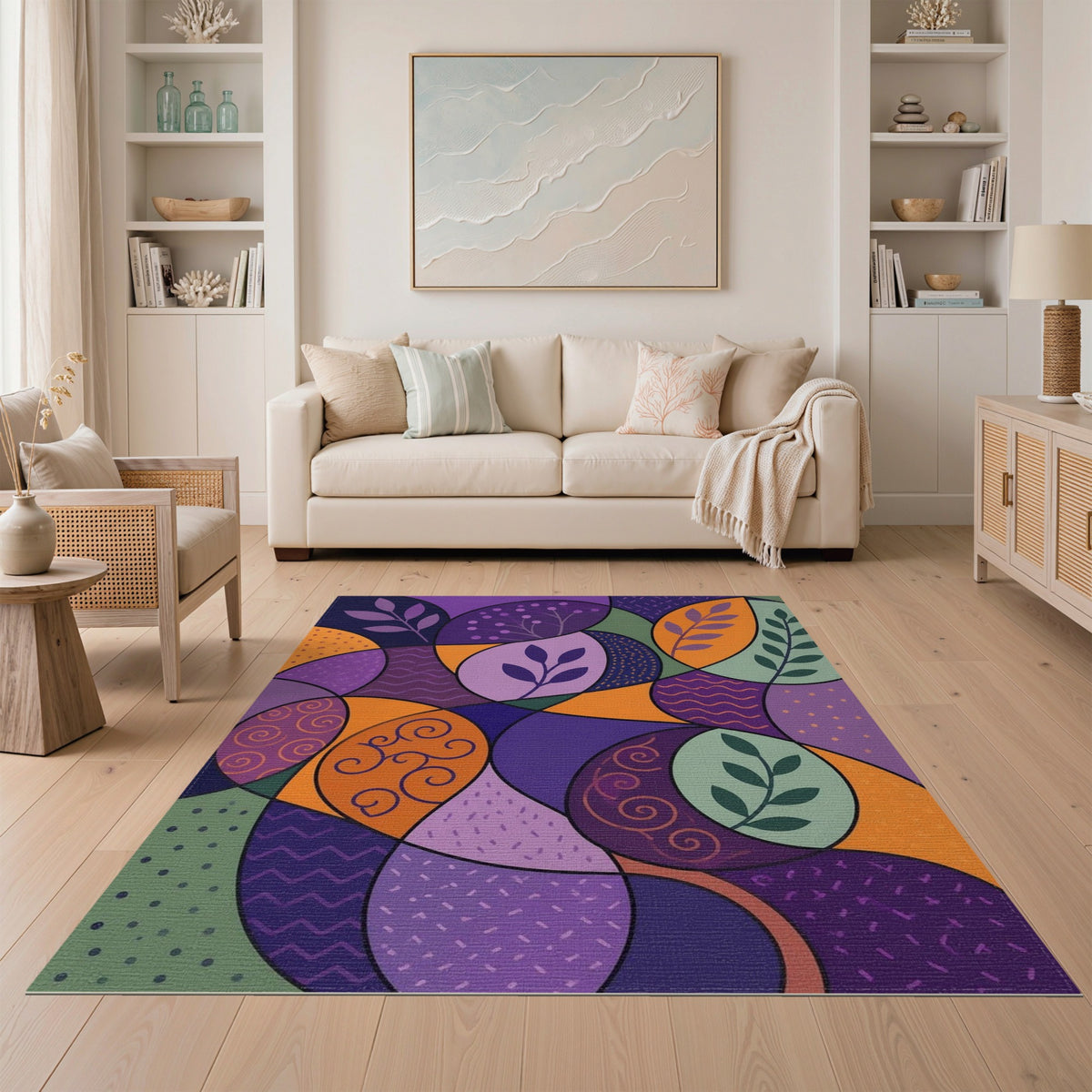 Vibrant Purple Abstract Leaf Area Rug