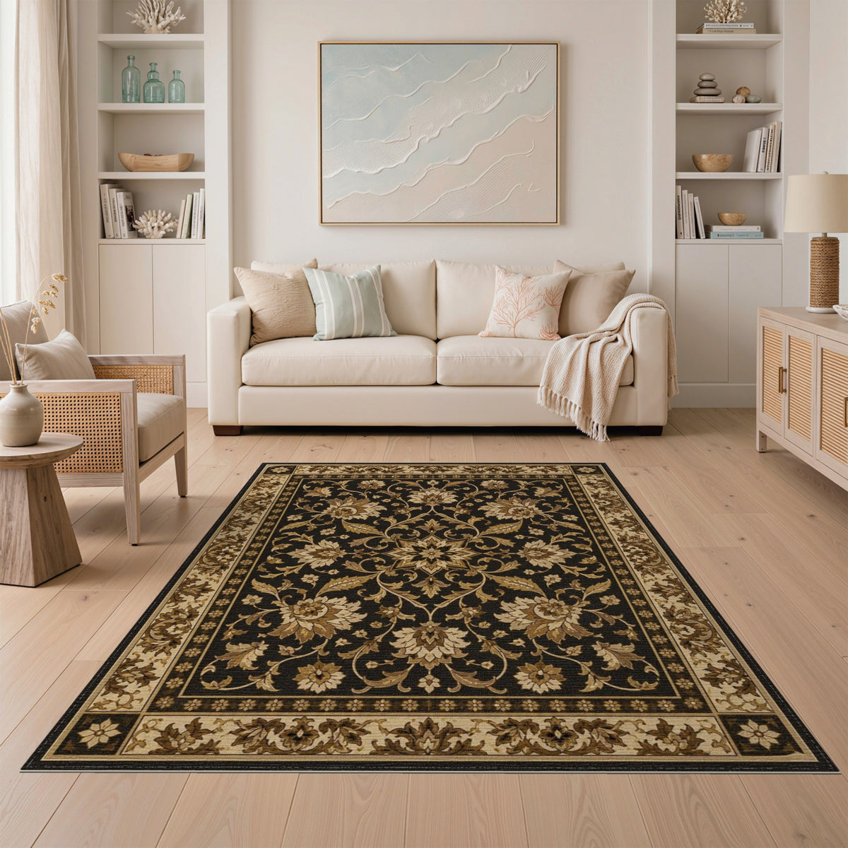 Beige and Neutral Black Floral Vintage Area Rug