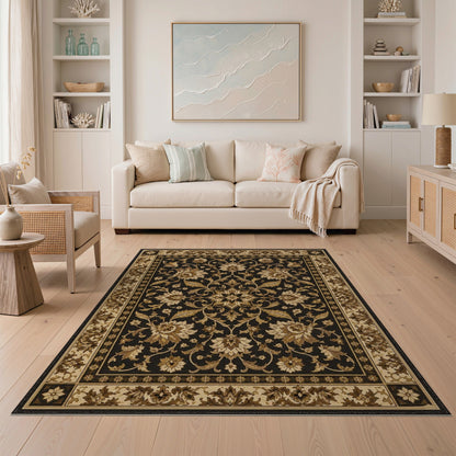 Beige and Neutral Black Floral Vintage Area Rug