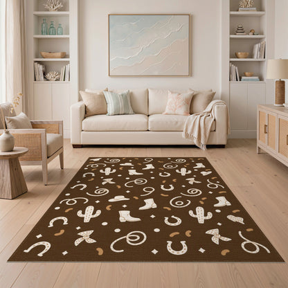 Southwestern Cowboy Cactus Brown Area Rug