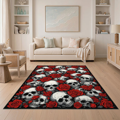 Skull and Red Rose Black Area Rug