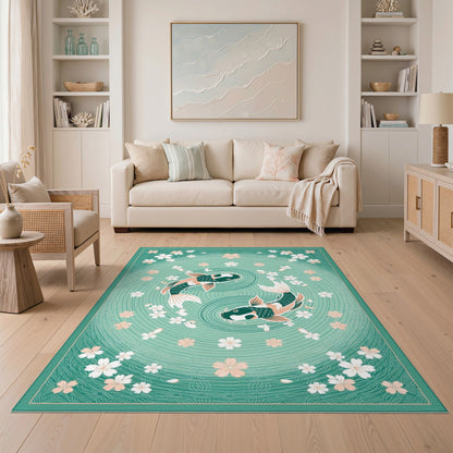 Teal Koi Fish Yin-Yang Cherry Blossom Area Rug
