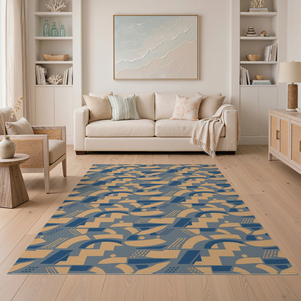 Navy Blue Tan Geometric Area Rug