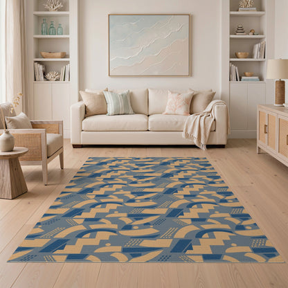 Navy Blue Tan Geometric Area Rug