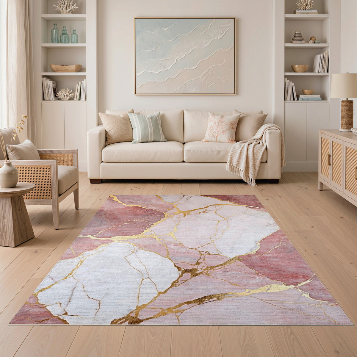 Abstract Area Pink Marble Gold Vein Area Rug
