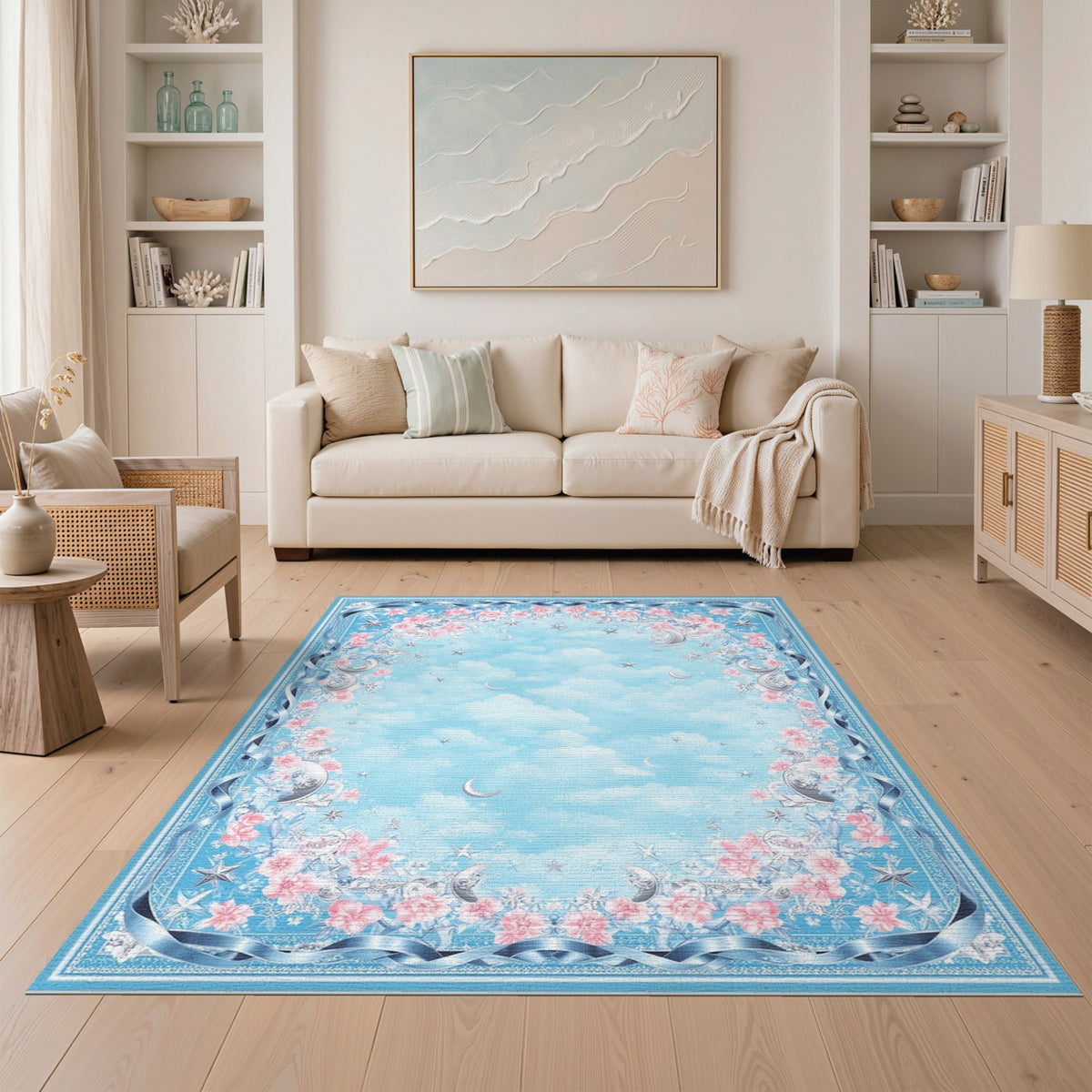Blue Floral Moon Stars Washable Area Rug