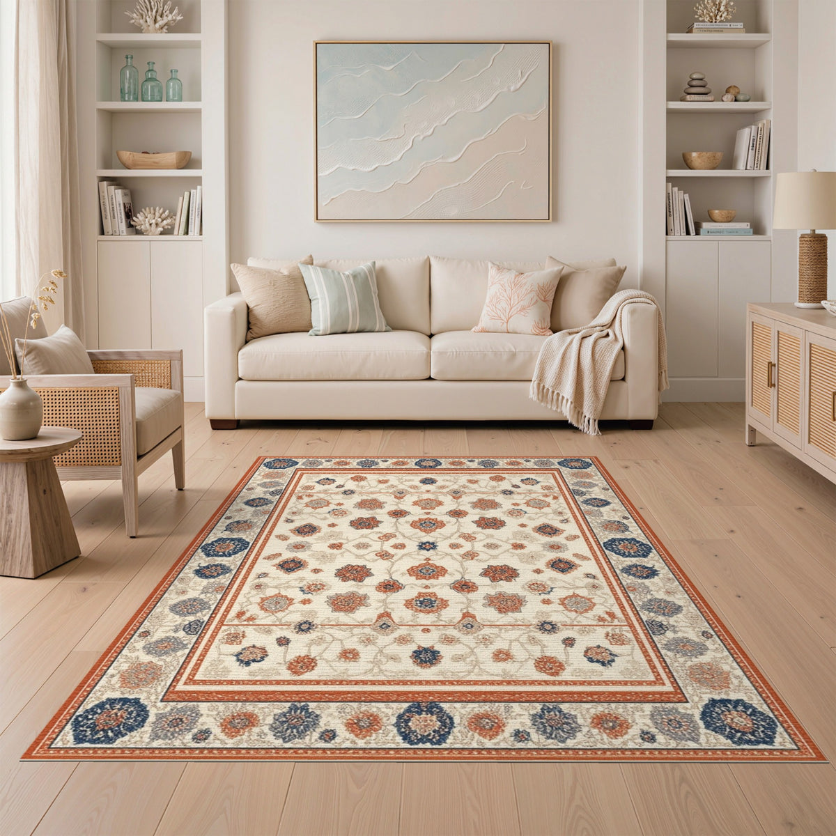 Beige and Neutral Traditional Persian Beige Floral Area Rug