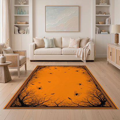 Orange Halloween Spider Bat Washable Area Rug