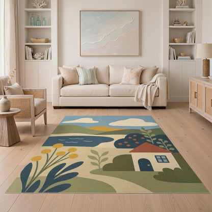 Blue Hillside Cottage Washable Area Rug