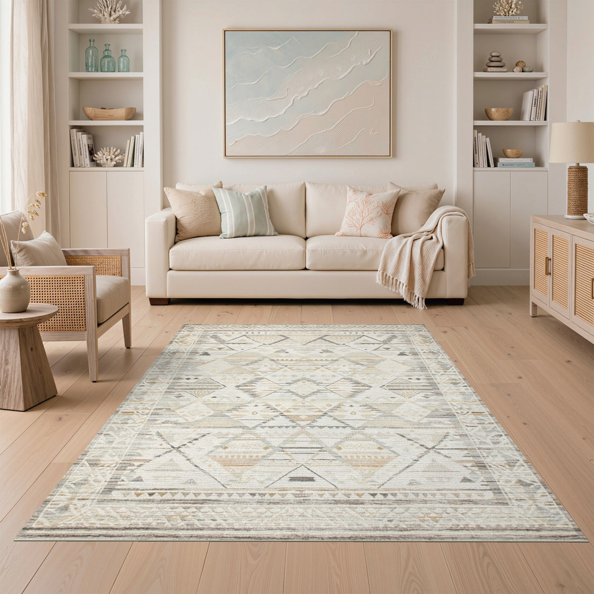 Beige Geometric Tribal Beige and Neutral Area Rug
