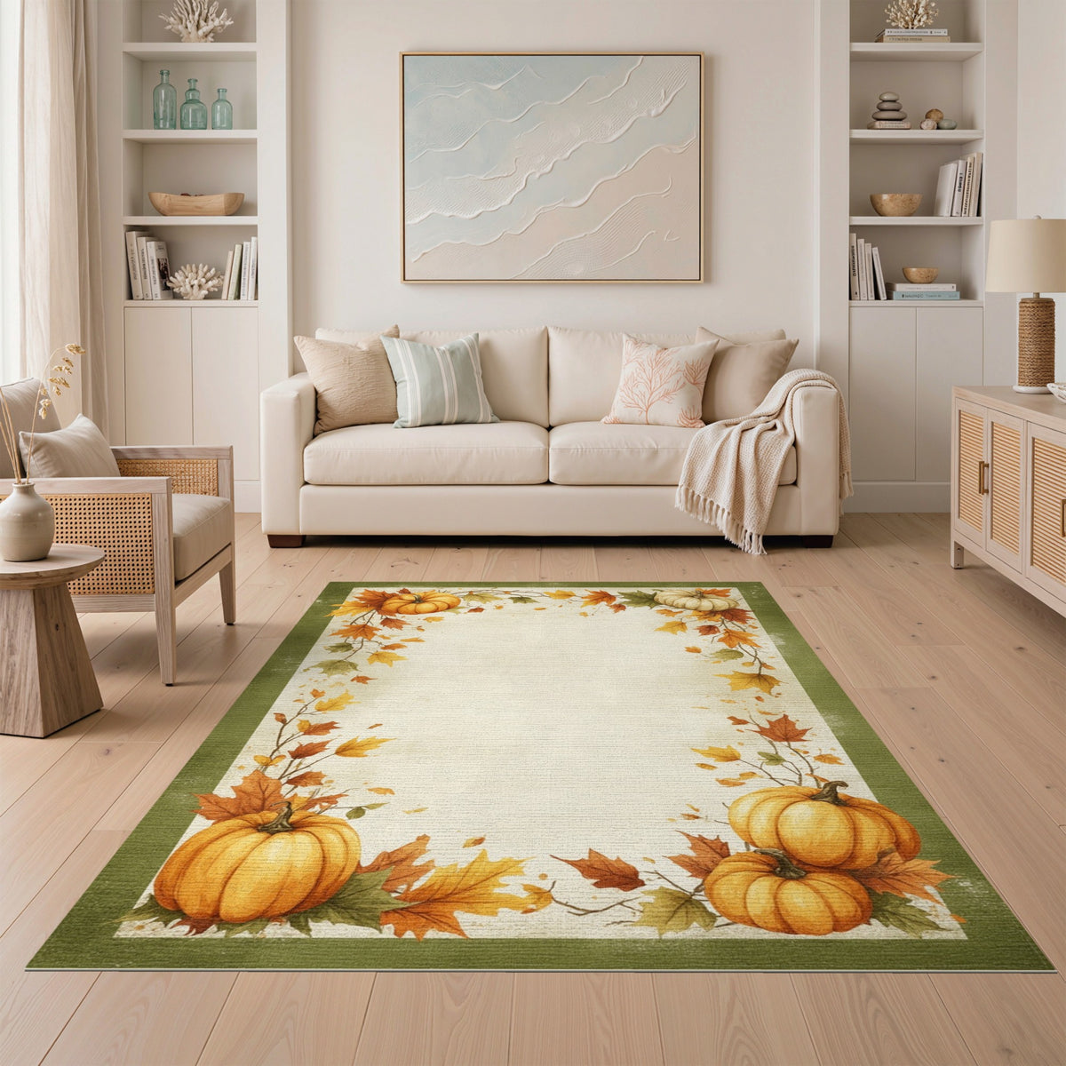 Brown and Tan Autumn Pumpkin Harvest Border Area Rug