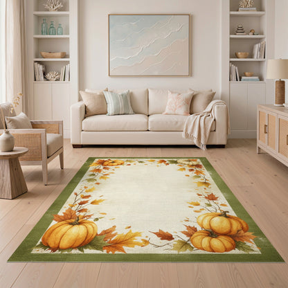 Brown and Tan Autumn Pumpkin Harvest Border Area Rug