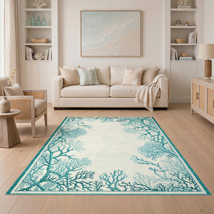 Teal Coral Coastal Area Rug
