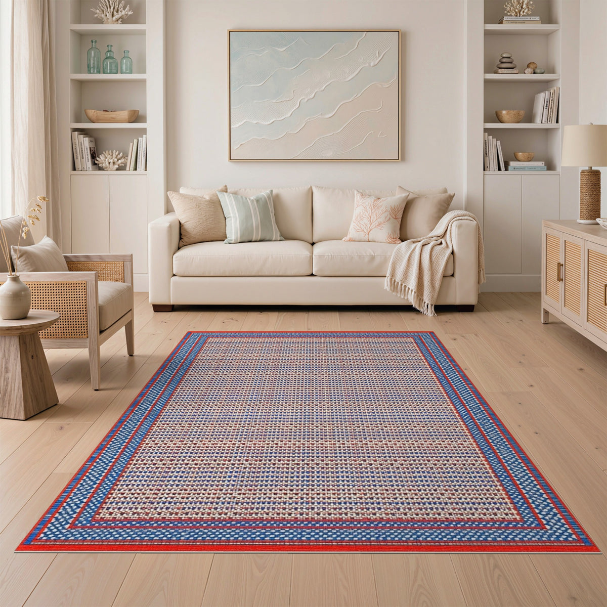Red Blue Geometric Checkered Area Rug