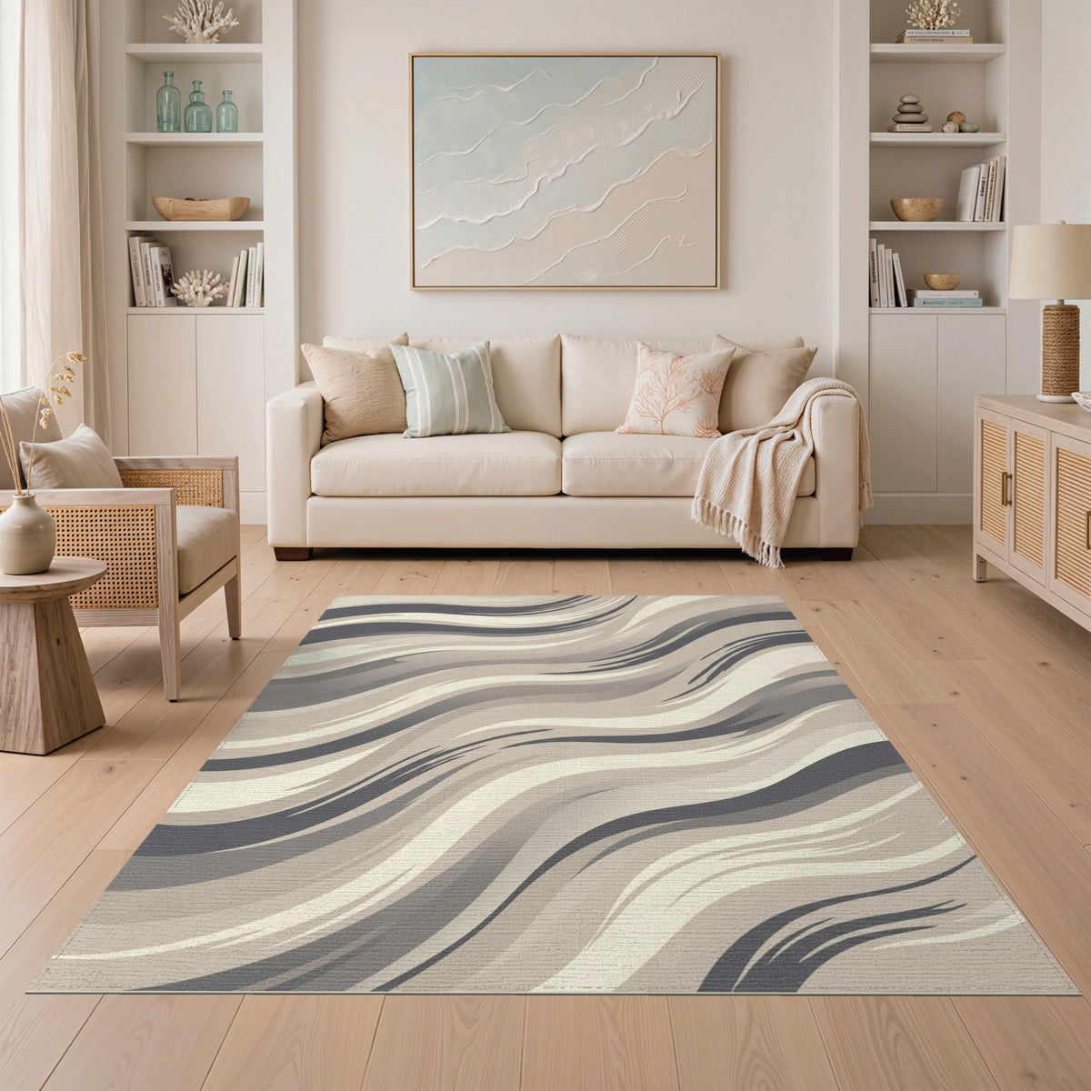 Beige Wavy Abstract Area Rug