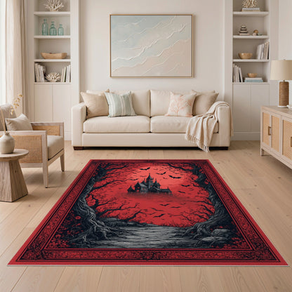 Gothic Haunted Castle Red Area Rug