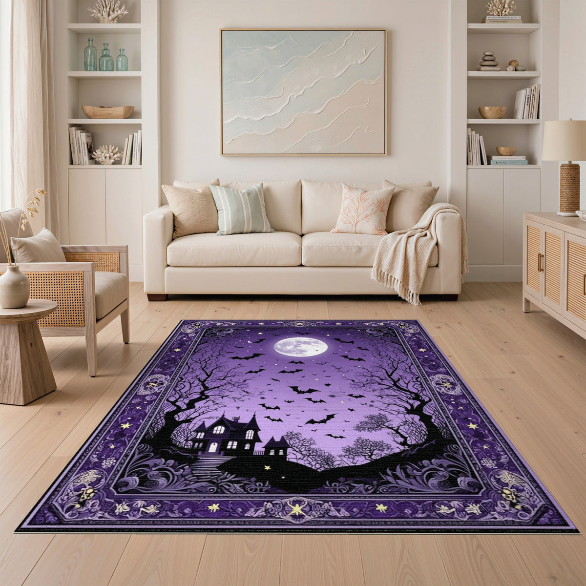 Distressed Vintage Purple Haunted Mansion Halloween Area Rug