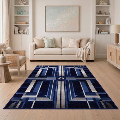 Navy Blue Silver Geometric Area Rug