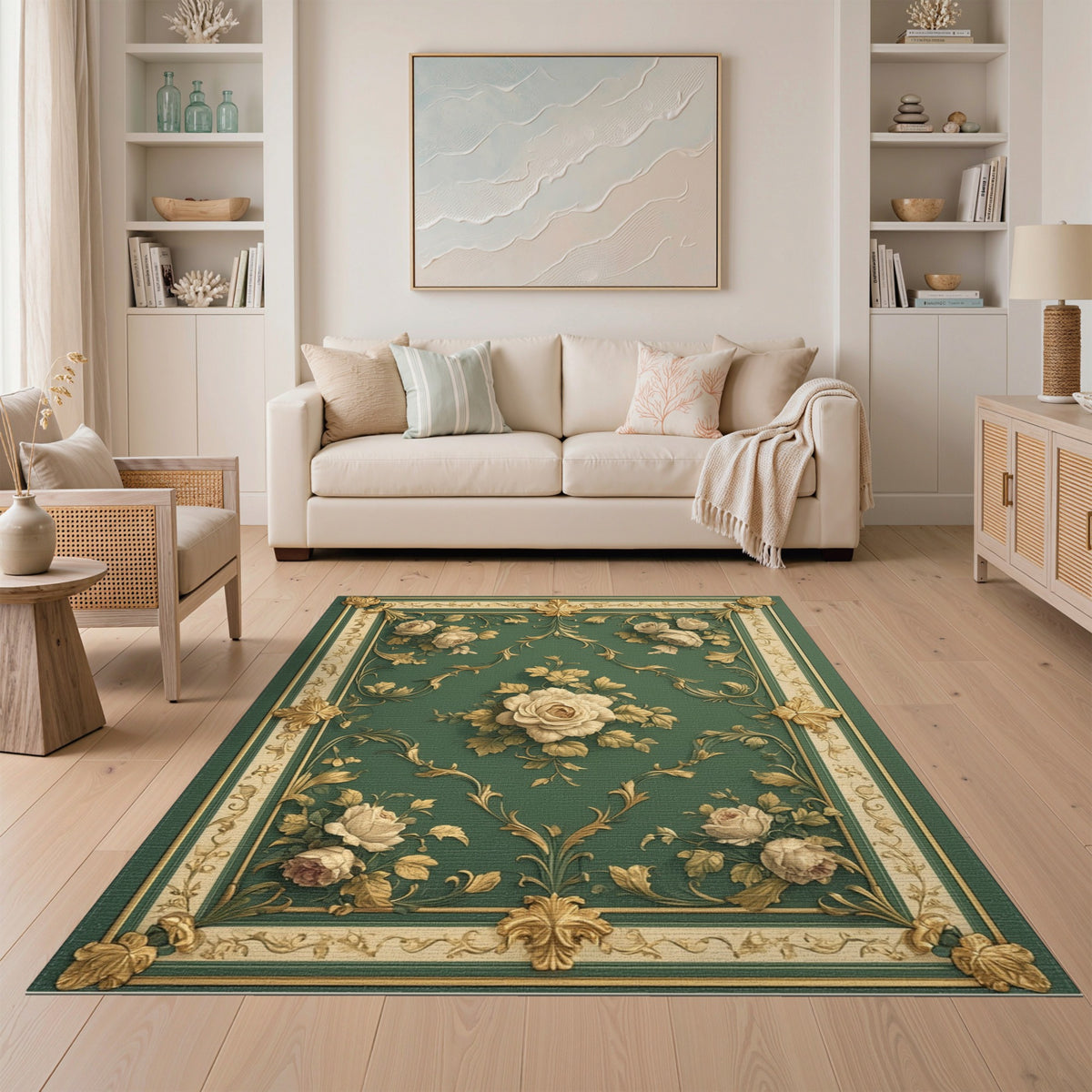 Green Rose Gold Ornate Floral Vintage Rug