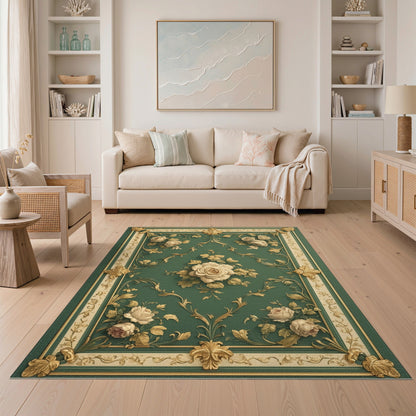 Green Rose Gold Ornate Floral Vintage Rug